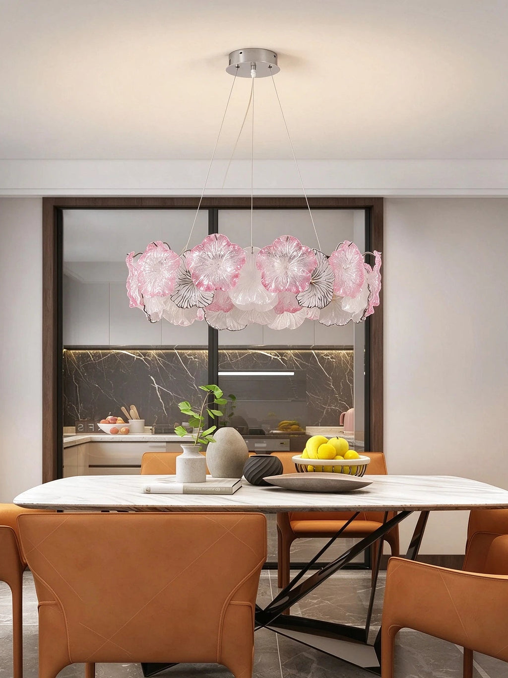 Modern Silver Pink Hydrangea Petal Chandelier in Cozy Dining Space