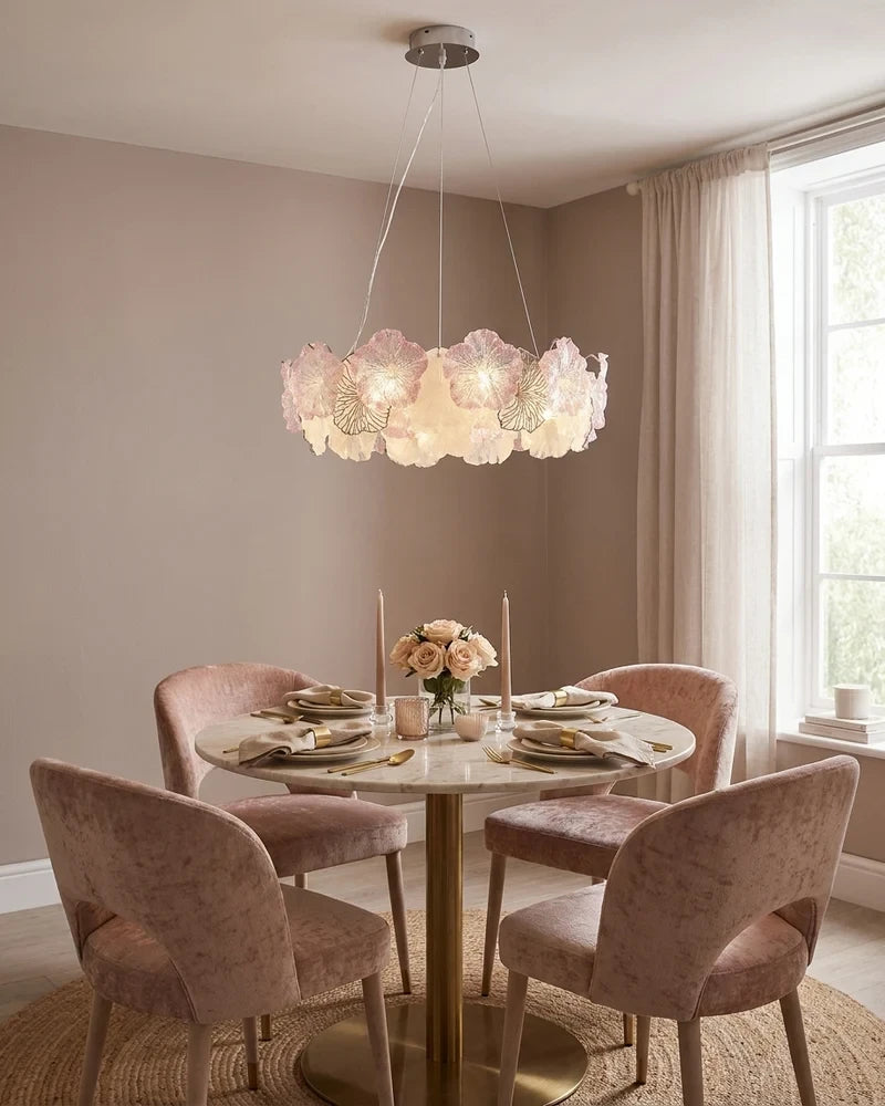 Modern Pink Hydrangea Petal Art Glass Chandelier in Stylish Dining Nook