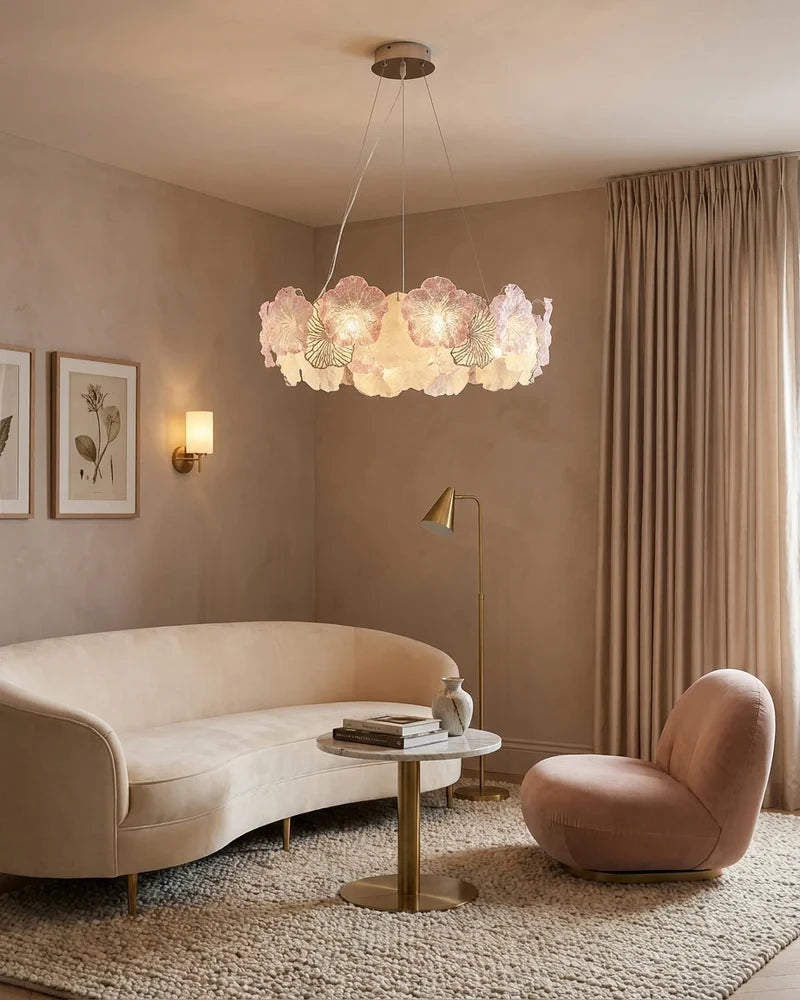 Modern Pink Hydrangea Petal Art Glass Chandelier in Elegant Sitting Room