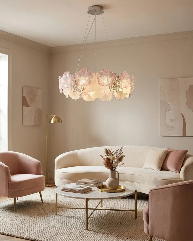 Modern Silver Pink Hydrangea Petal Chandelier in Cozy Living Area