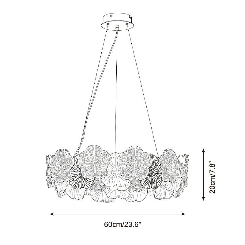Modern Medium Hydrangea Petal Art Glass Chandelier Line Art Dimension Diagram