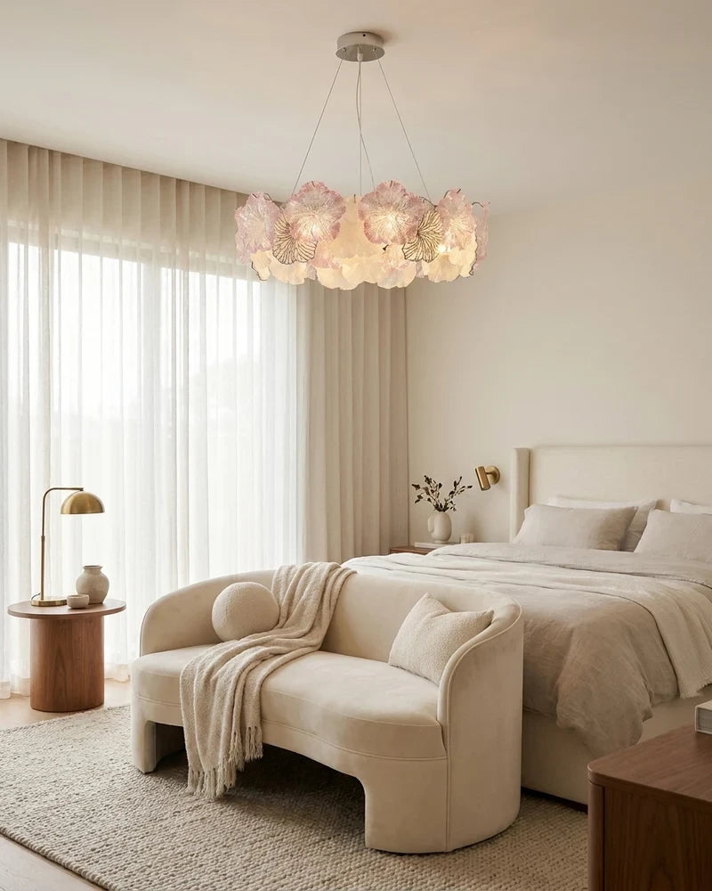 Modern Pink Hydrangea Petal Art Glass Chandelier in Master Bedroom Interior