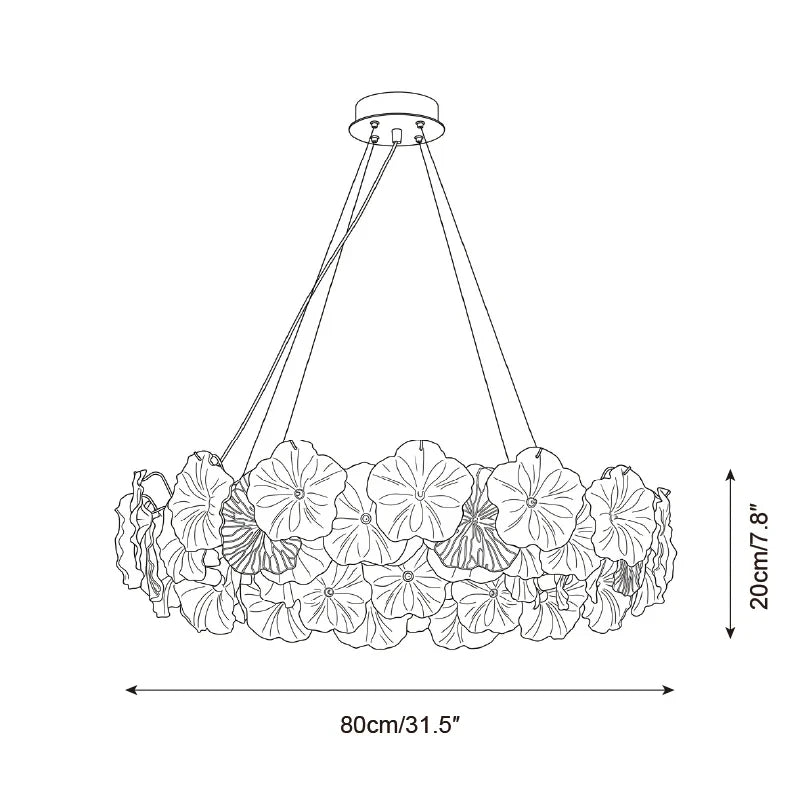 Modern Large Hydrangea Petal Art Glass Chandelier Line Art Dimension Diagram