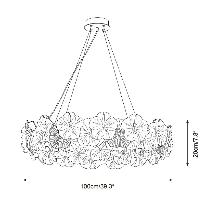 Modern Small Hydrangea Petal Art Glass Double-Tier Chandelier Line Art Dimension Diagram