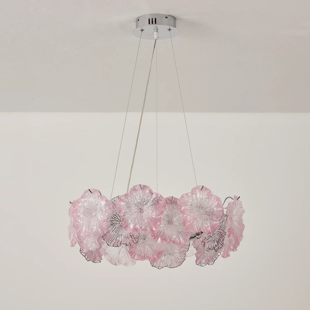 Illuminated Modern Pink Hydrangea Petal Art Glass Chandelier Studio Display