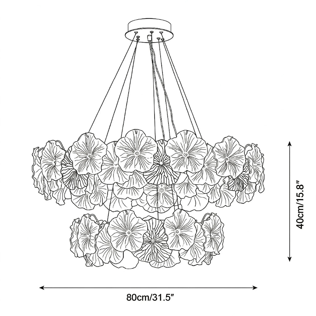 Modern Medium Hydrangea Petal Art Glass Double-Tier Chandelier Line Art Dimension Diagram
