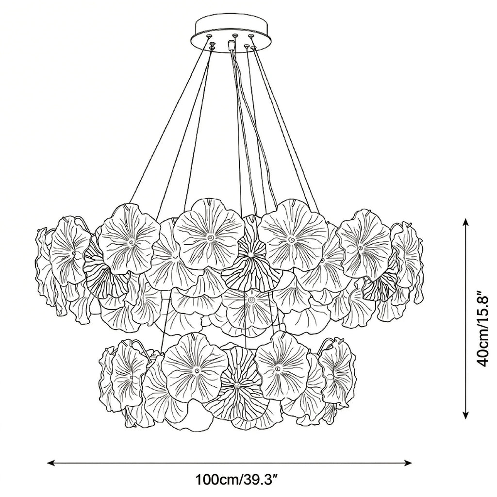 Modern Large Hydrangea Petal Art Glass Double-Tier Chandelier Line Art Dimension Diagram