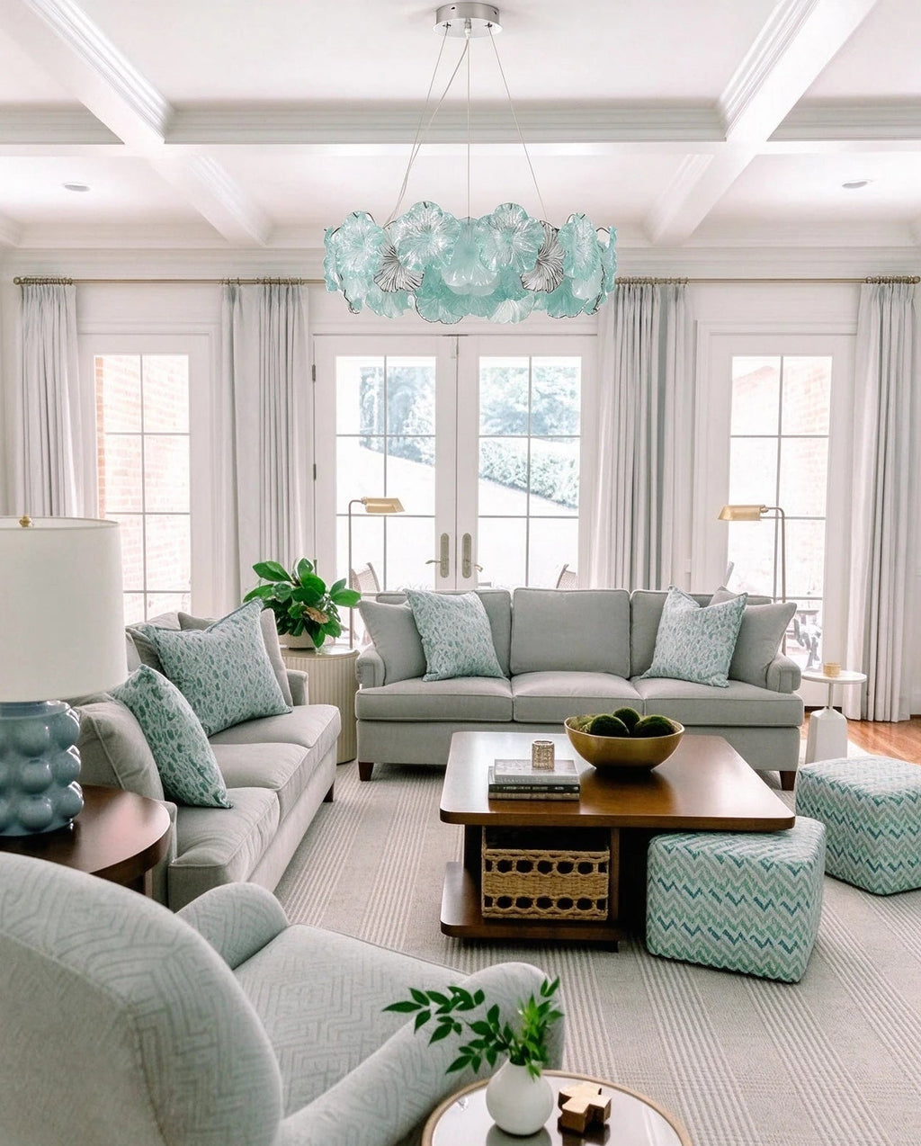 Modern Silver Teal Hydrangea Petal Chandelier in Contemporary Living Room