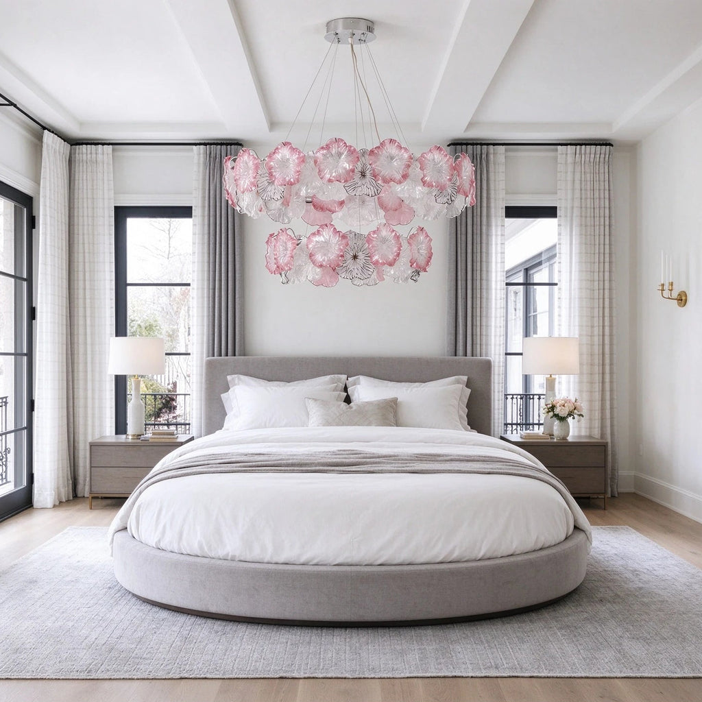 Modern Pink Hydrangea Petal Art Glass Chandelier in Master Bedroom Setting