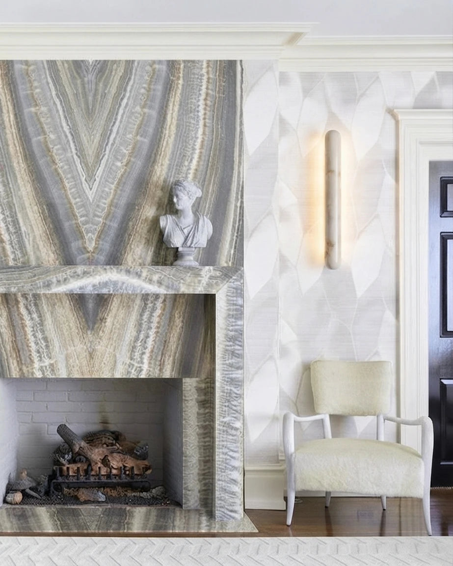 Modern Art Glass Wall Sconce Over Fireplace Setting