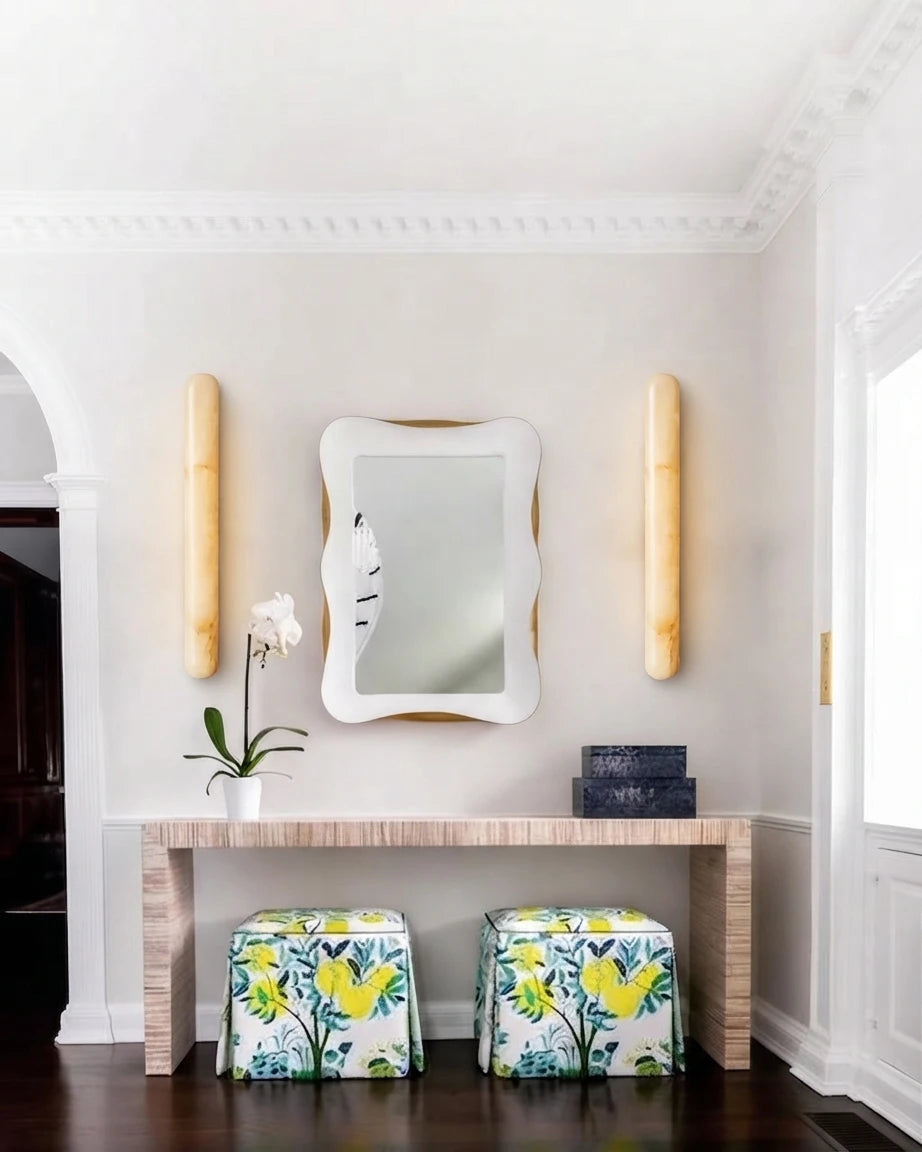 Modern Cylindrical Alabaster Wall Sconces in Entryway Foyer