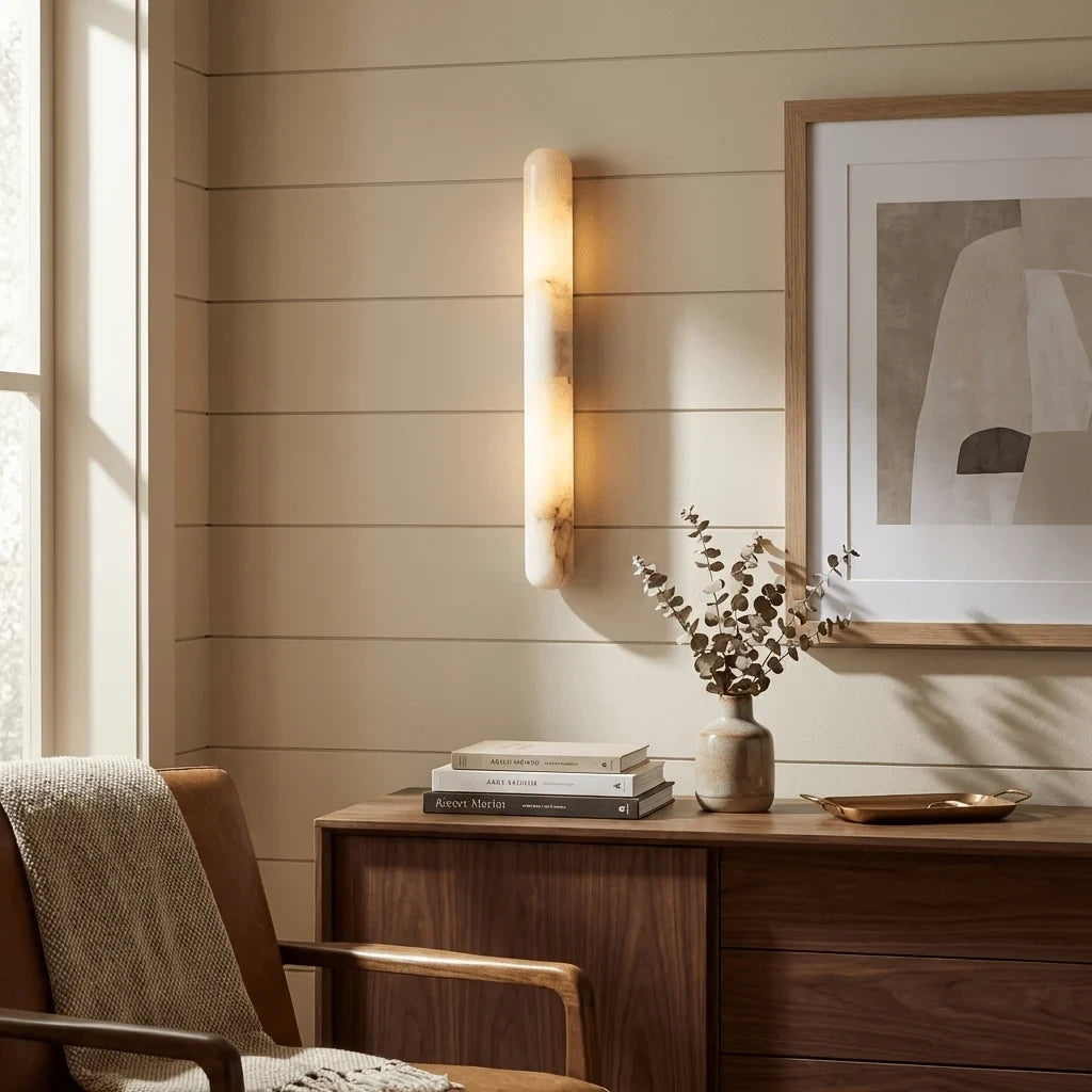 Modern Alabaster Art Glass Wall Sconce Over Hallway Table
