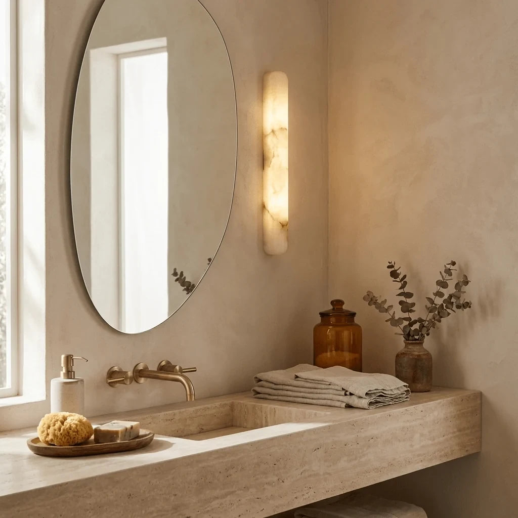 Modern Alabaster Cylindrical Wall Sconce Over Bathroom Vanity