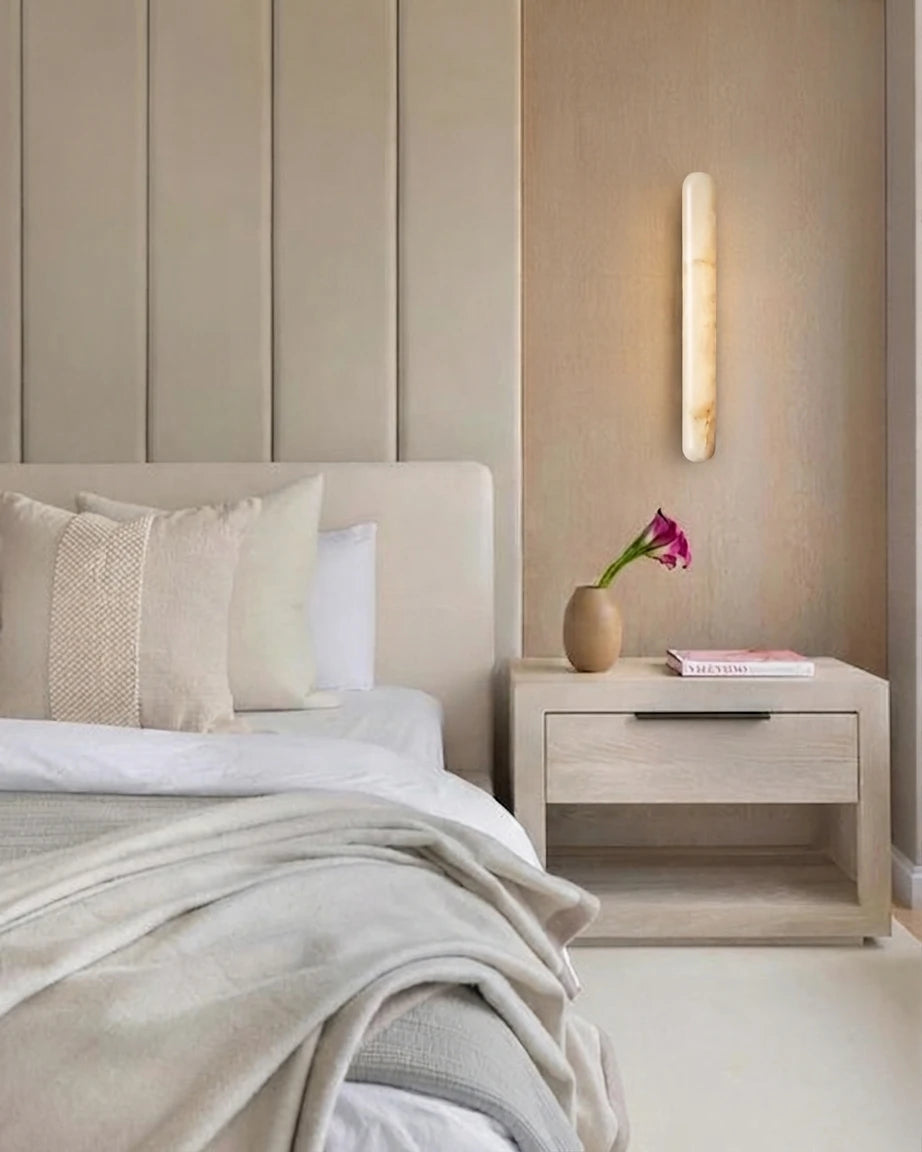 Modern Alabaster Art Glass Wall Sconce in Master Bedroom Setting