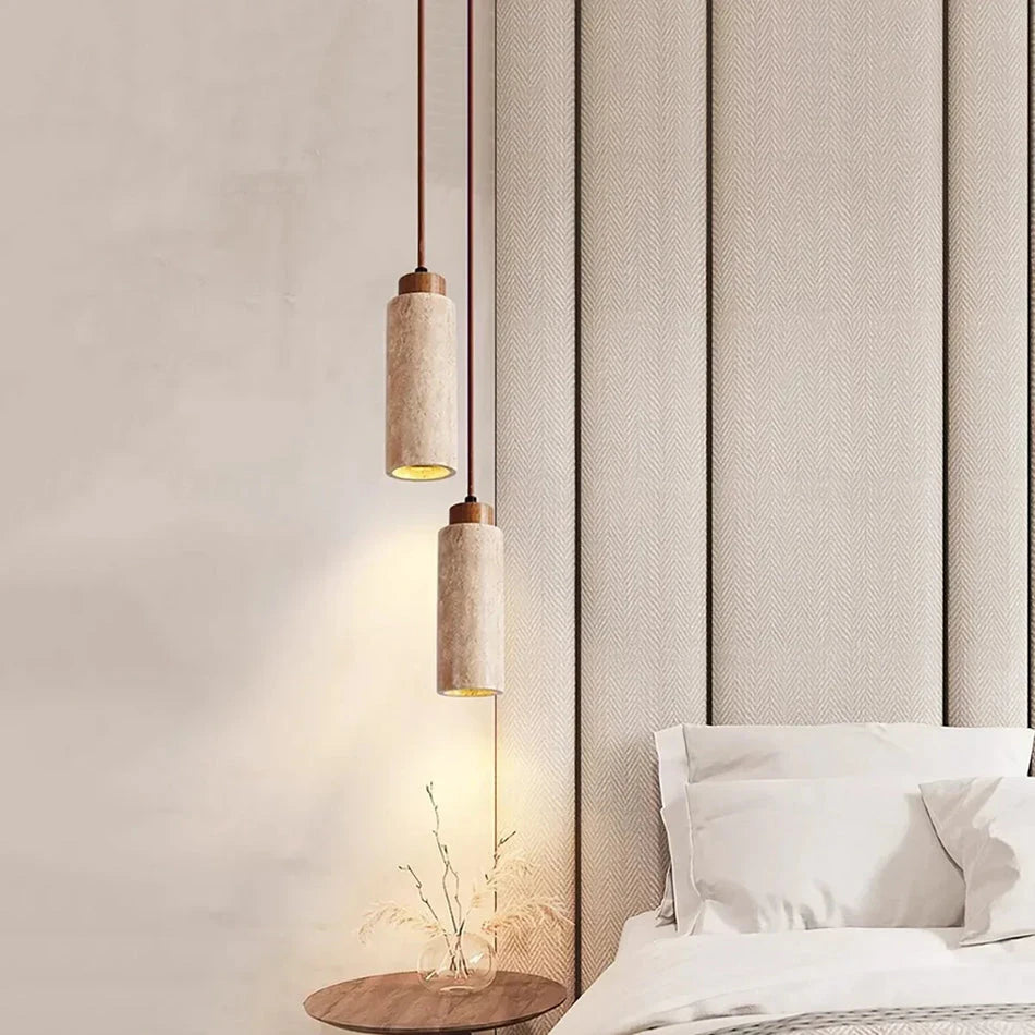 Pair of Travertine Pendant Lights Hanging Beside Bed