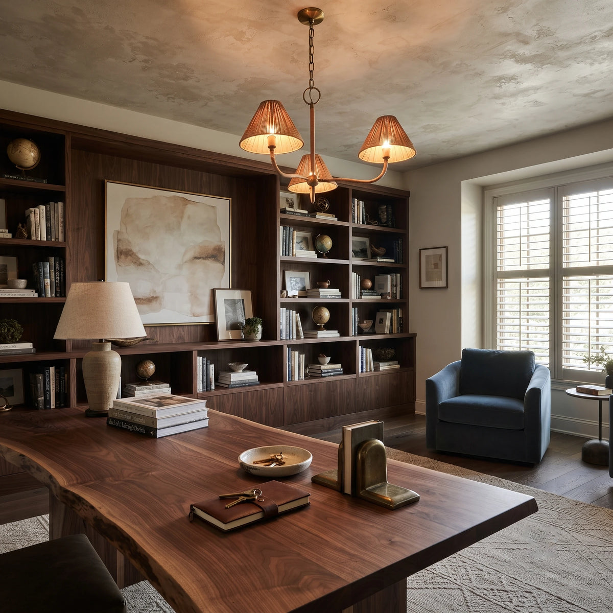 Brass Chandelier with Pleated Shades in Executive Home Office