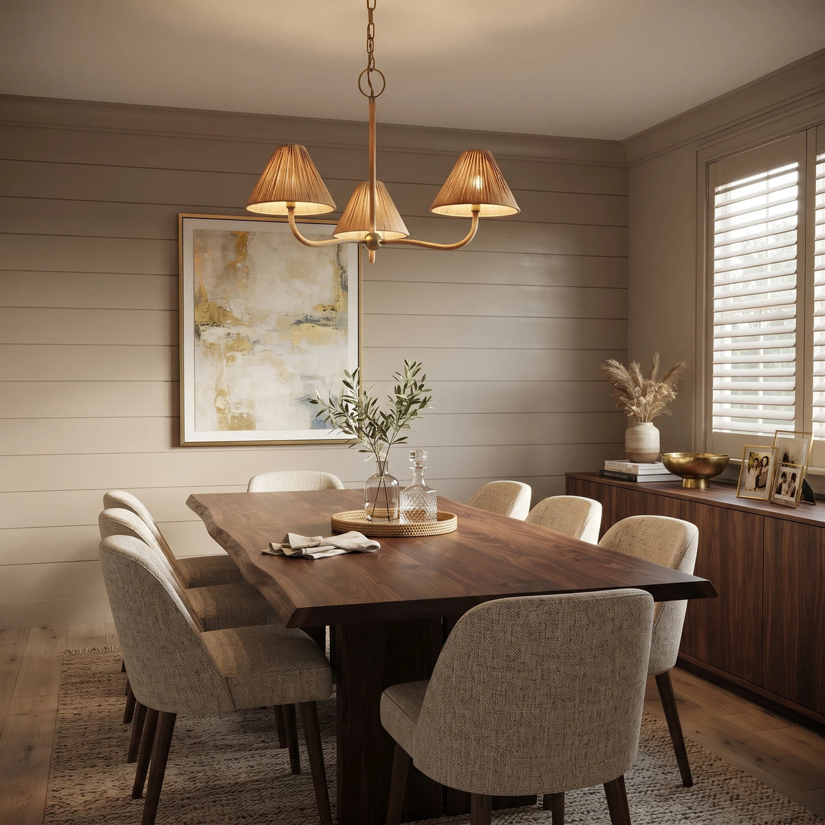 Multi-Arm Pleated Shade Chandelier Hanging in Modern Dining Room