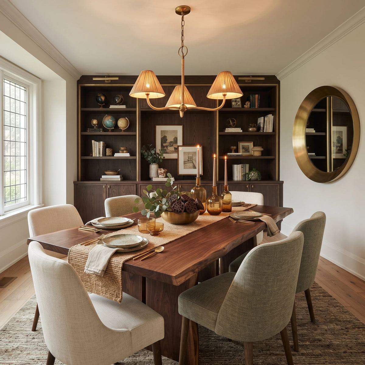 Brass Chandelier with Pleated Lampshades over Wooden Dining Table
