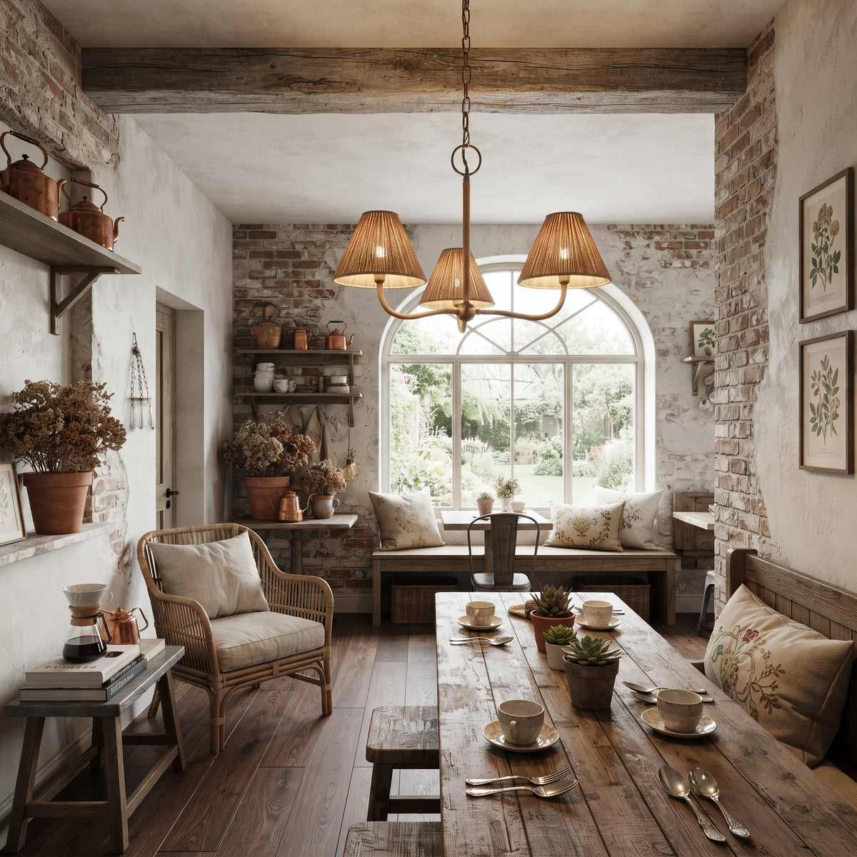 Rustic Brass Chandelier with Pleated Shades in Farmhouse Dining Room