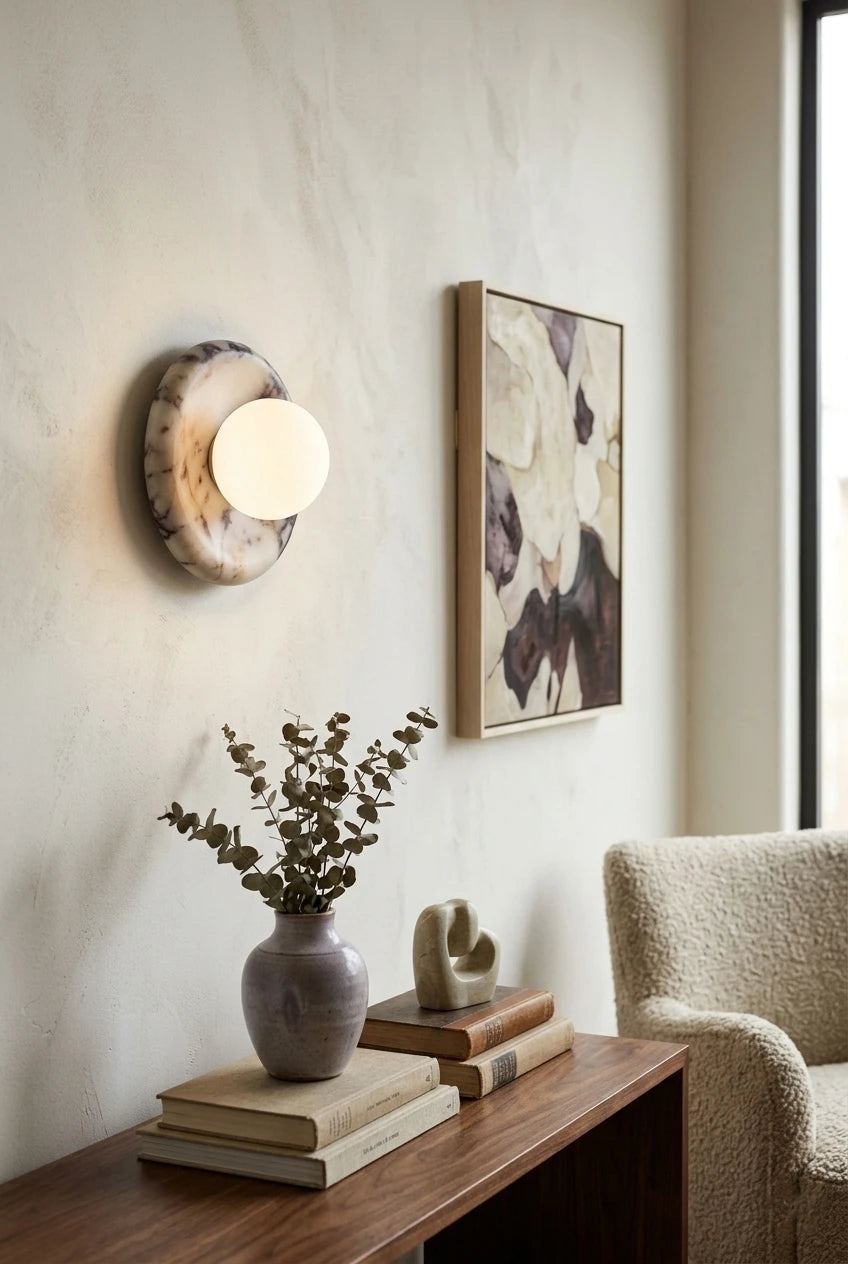 Modern Natural Marble Globe Wall Sconce Along Hallway Interior