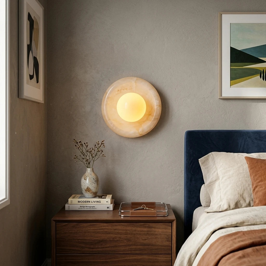 Modern Natural Marble Disc Wall Sconce in Master Bedroom Setting