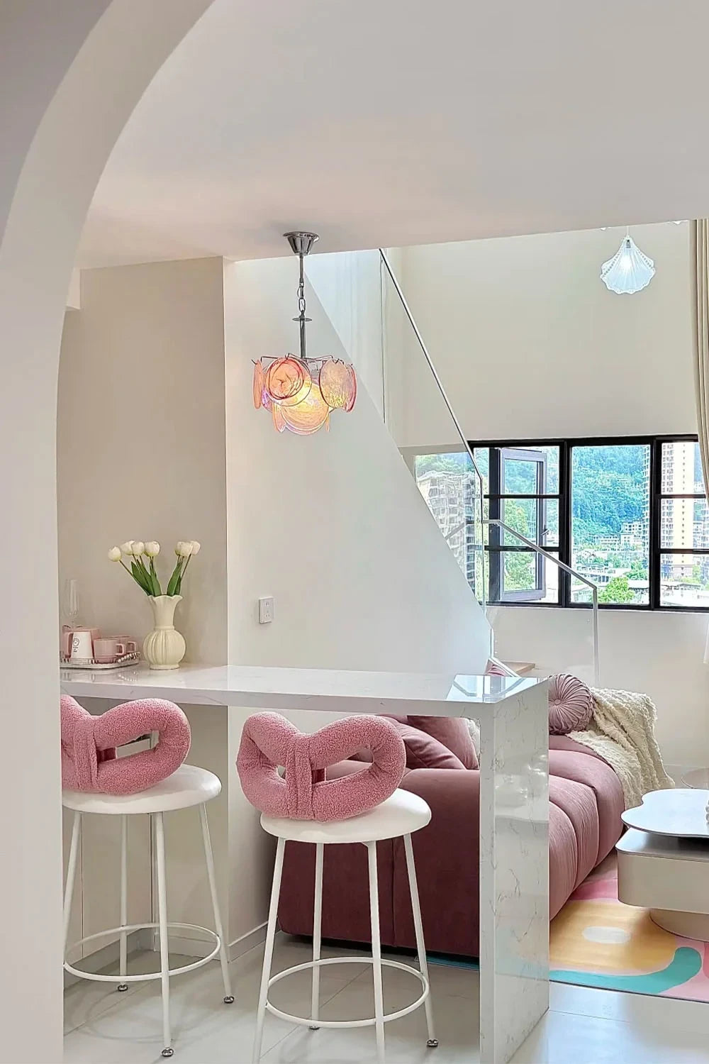 Modern Colorful Petal Art Glass Pendant Light in Cozy Interior