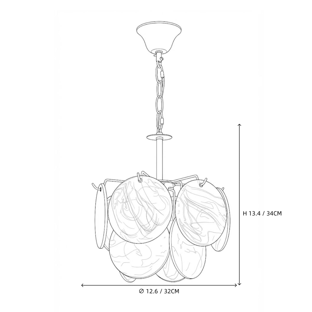 Modern Colorful Petal Art Glass Pendant Light Line Art Dimension Diagram