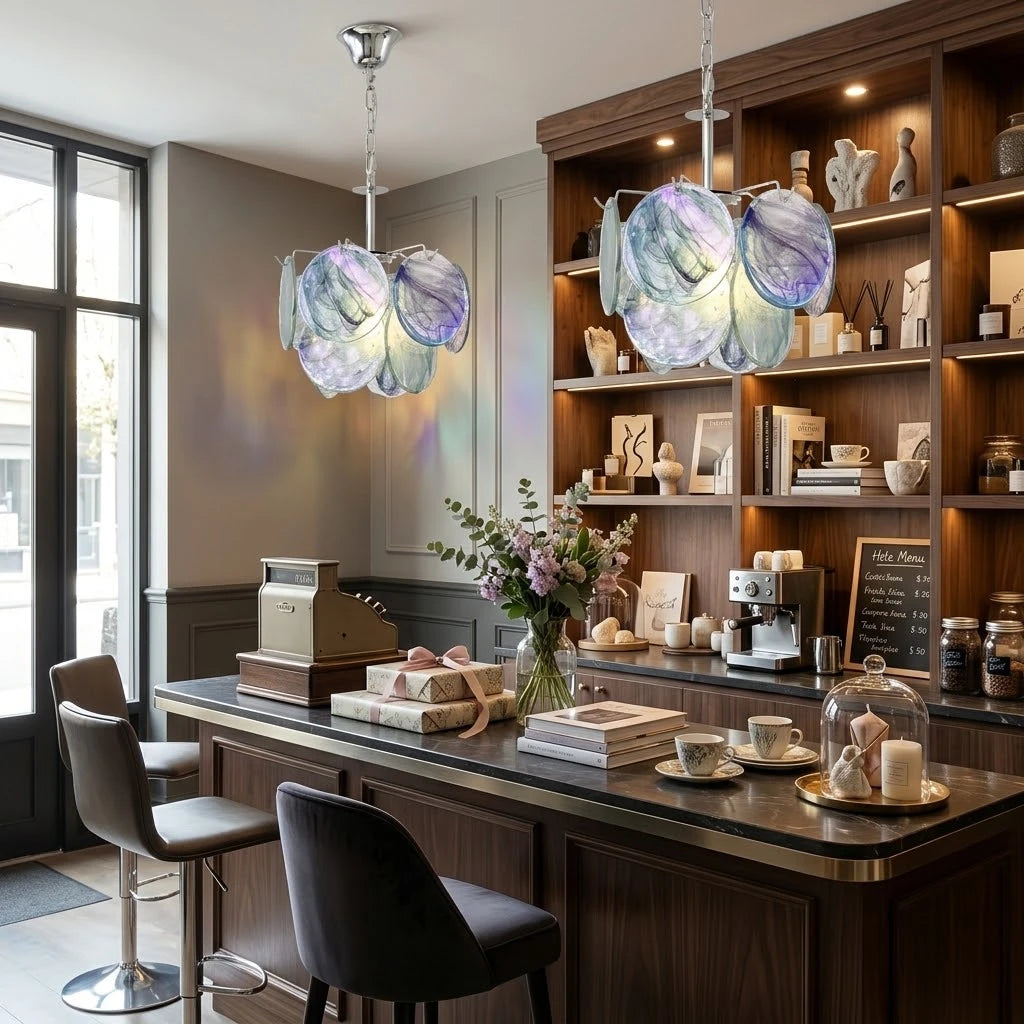 Modern Colorful Petal Art Glass Pendant Light in Cafe and Bar Setting
