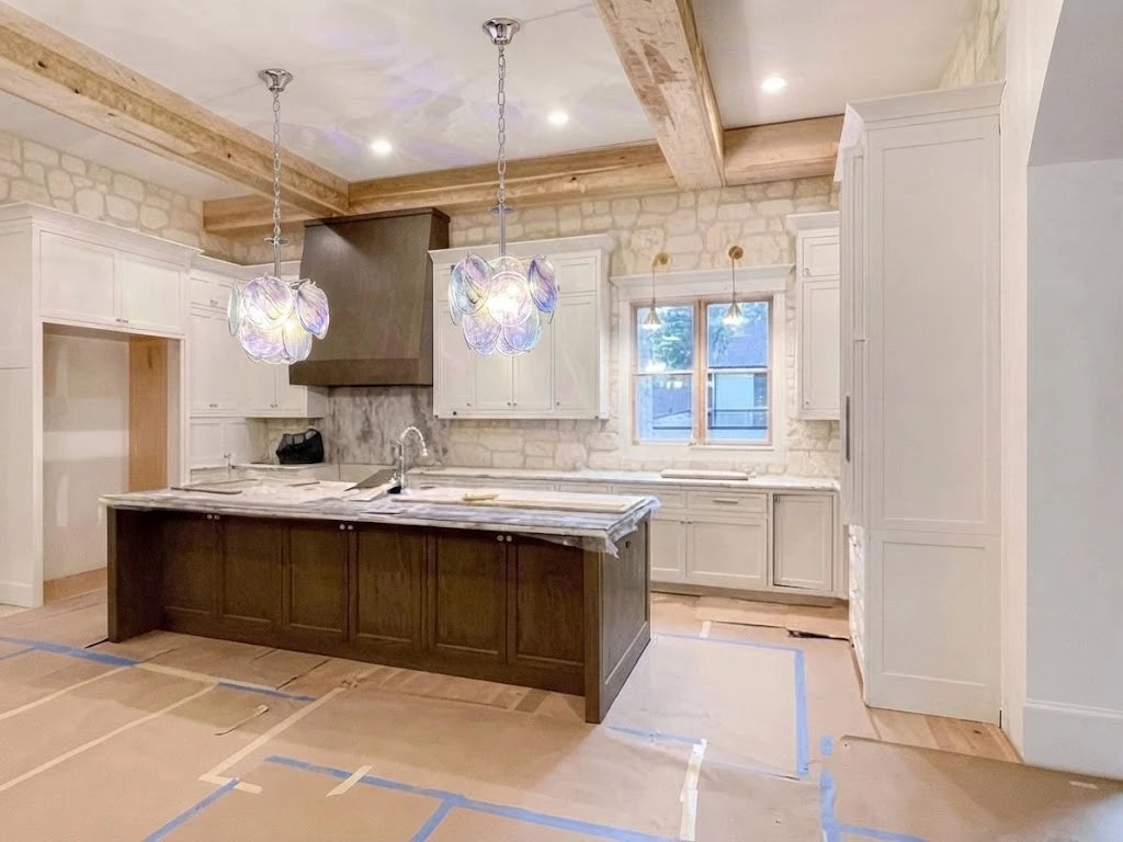 Modern Colorful Petal Art Glass Pendant Light in Open Concept Kitchen