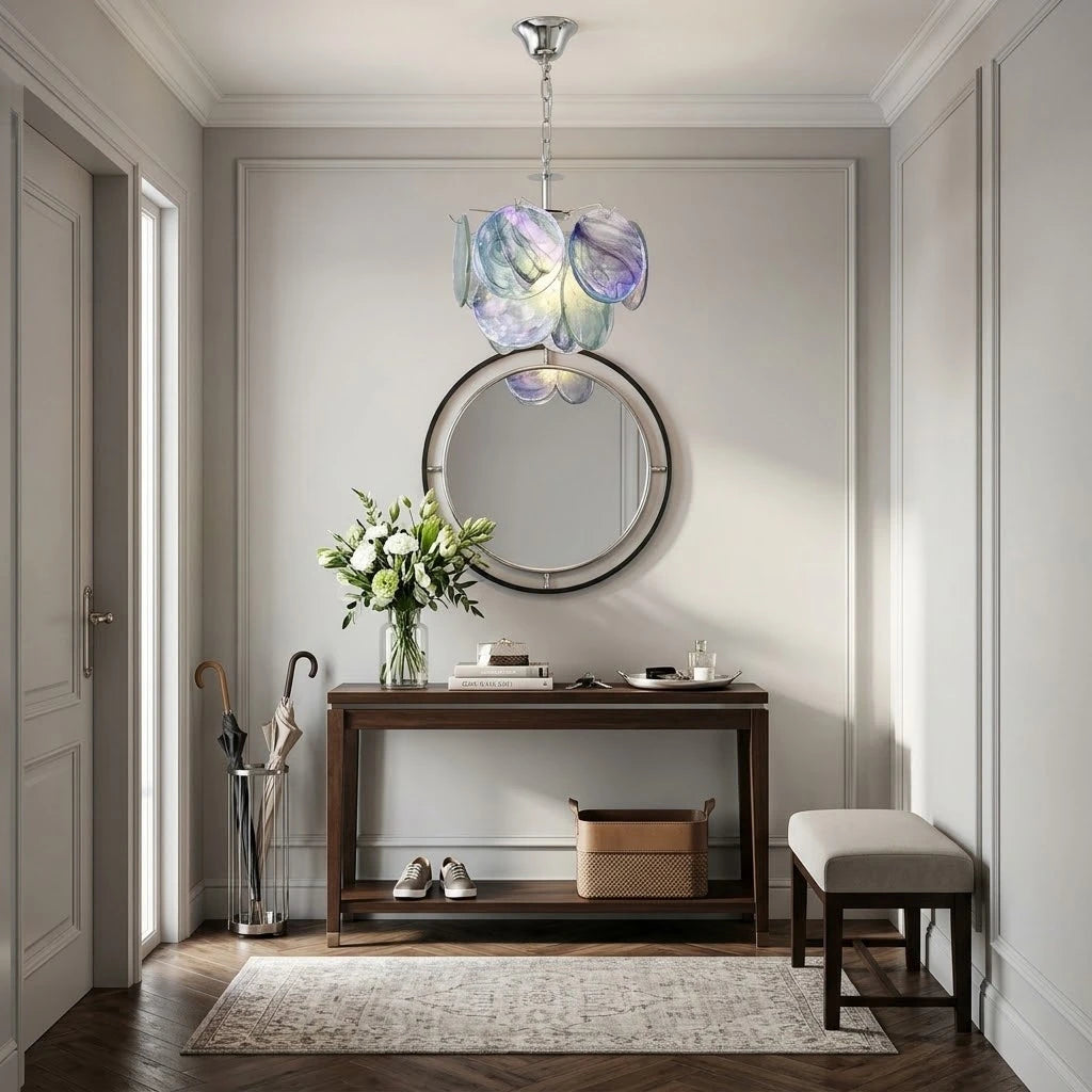 Modern Colorful Petal Pendant Light Along Hallway Foyer