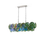 Modern Colorful Disc Art Glass Linear Chandelier with Silver Canopy on Pure White Background