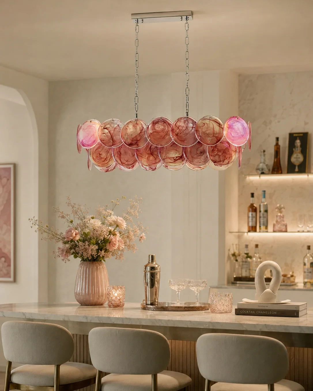 Modern Colorful Disc Art Glass Linear Chandelier Over Kitchen Island