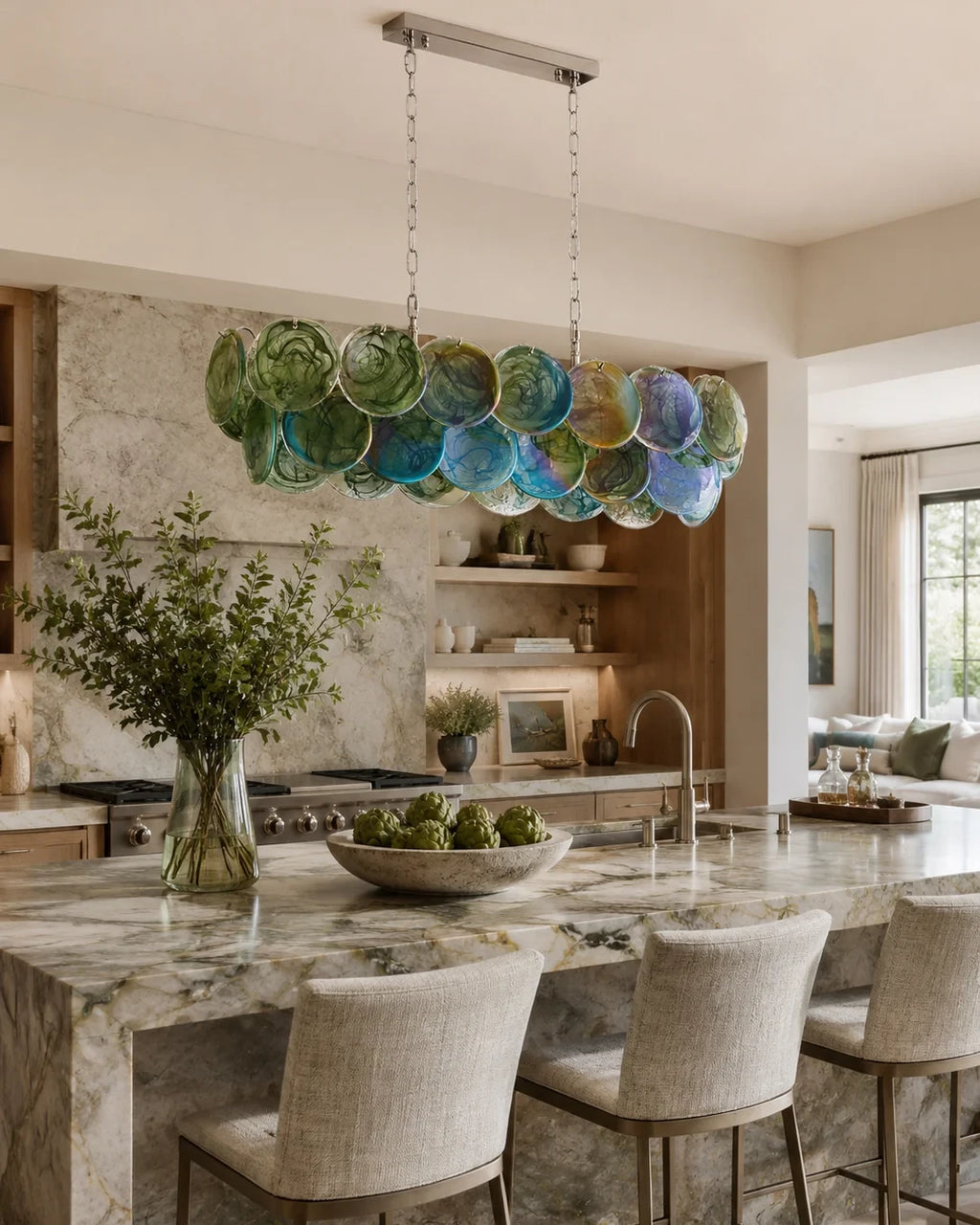 Modern Colorful Disc Linear Chandelier Over Breakfast Bar