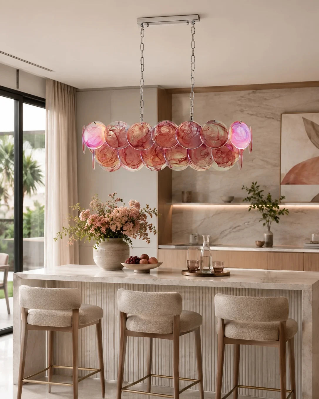 Modern Colorful Disc Art Glass Linear Chandelier in Cozy Kitchen