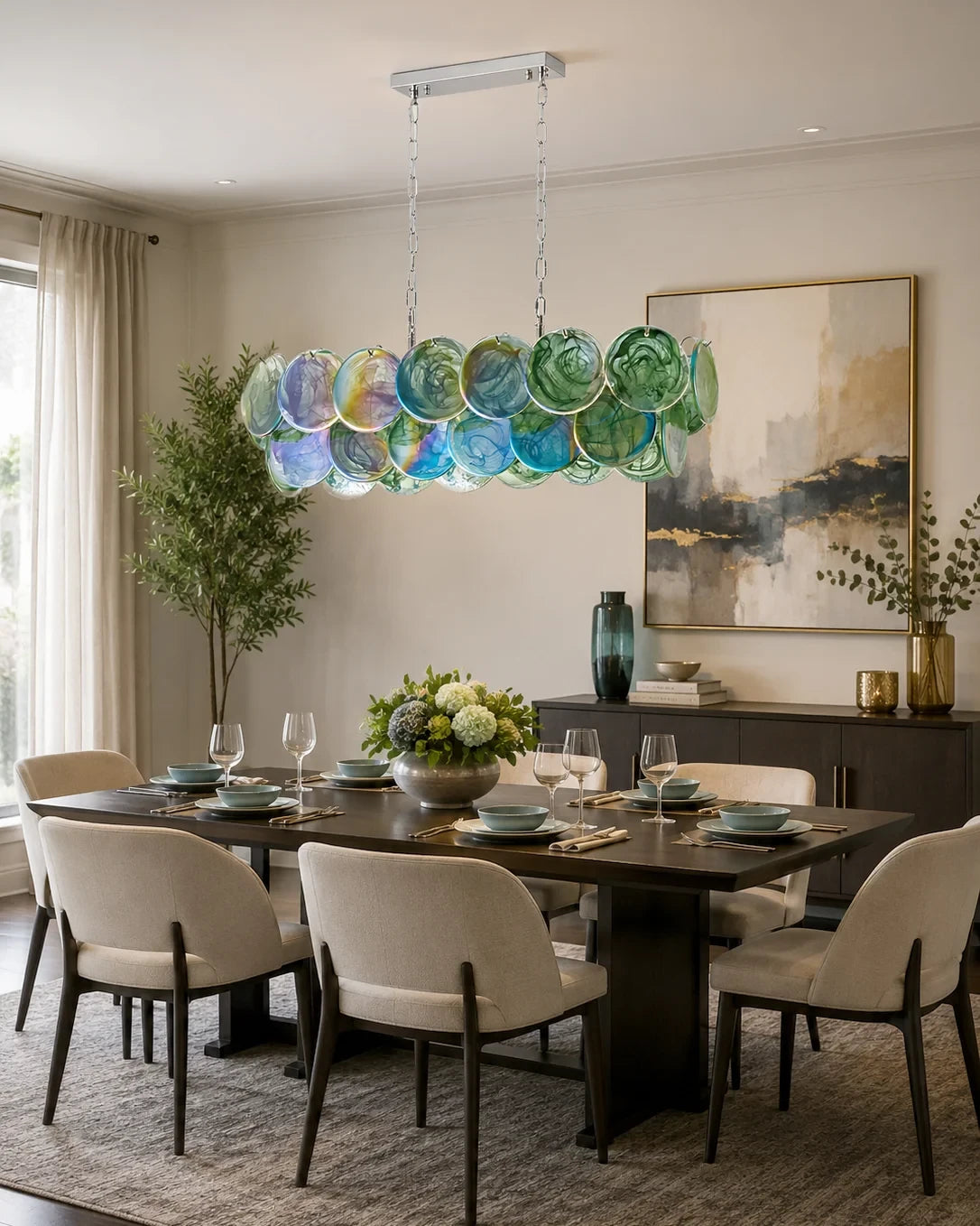 Modern Colorful Disc Linear Chandelier in Classic Dining Setting