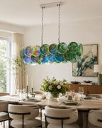 Modern Colorful Disc Art Glass Linear Chandelier in Bright Dining Room