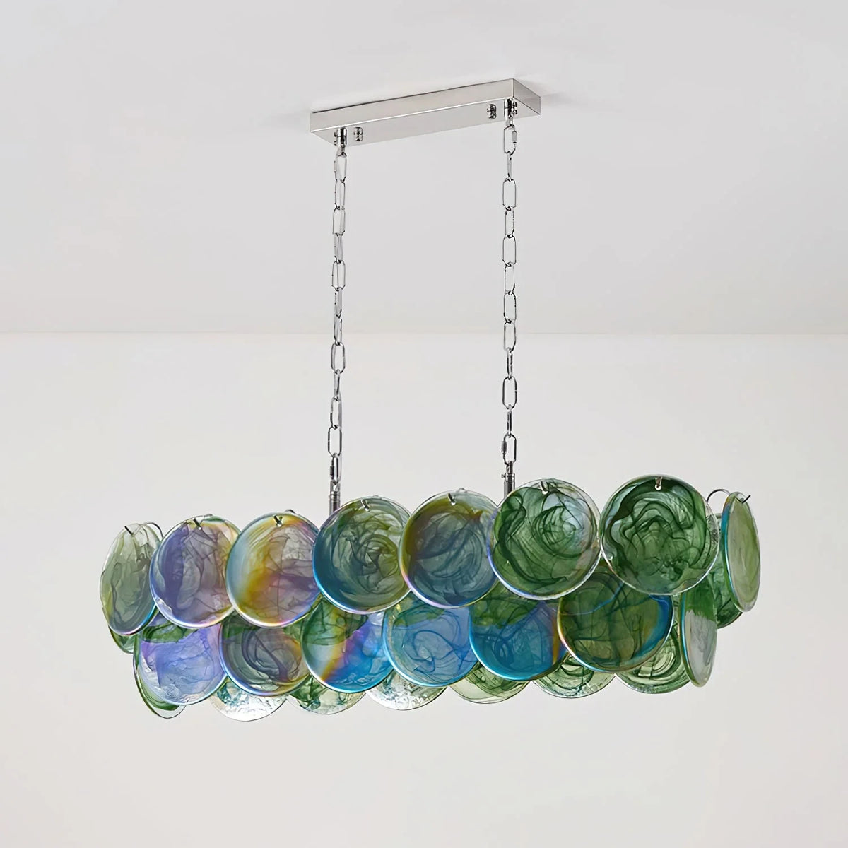 Illuminated Modern Colorful Disc Art Glass Linear Chandelier Studio Shot