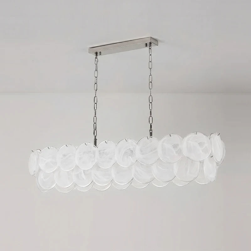Illuminated Modern White Disc Art Glass Linear Chandelier Studio Shot