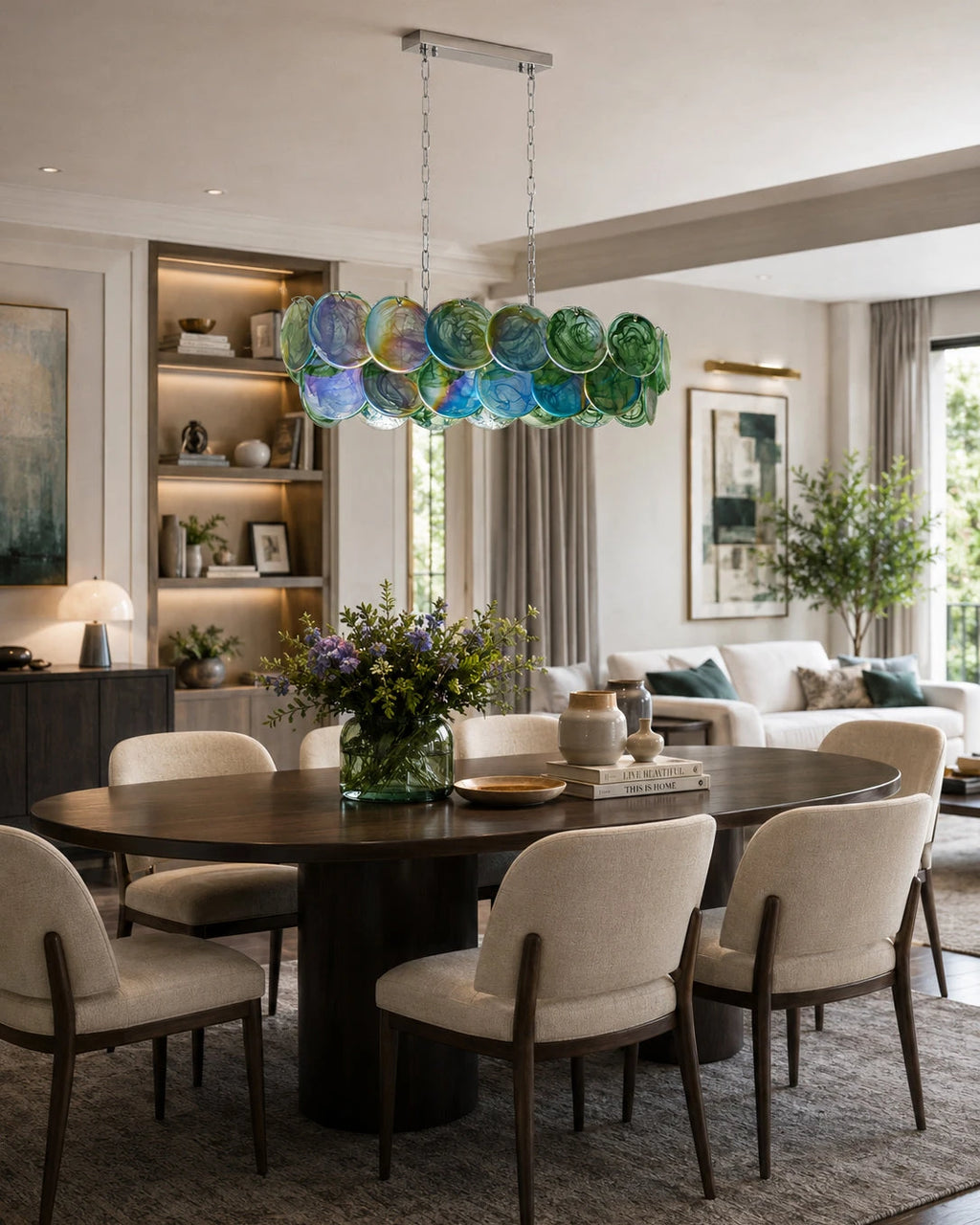 Modern Colorful Disc Linear Chandelier in Open Plan Dining Room