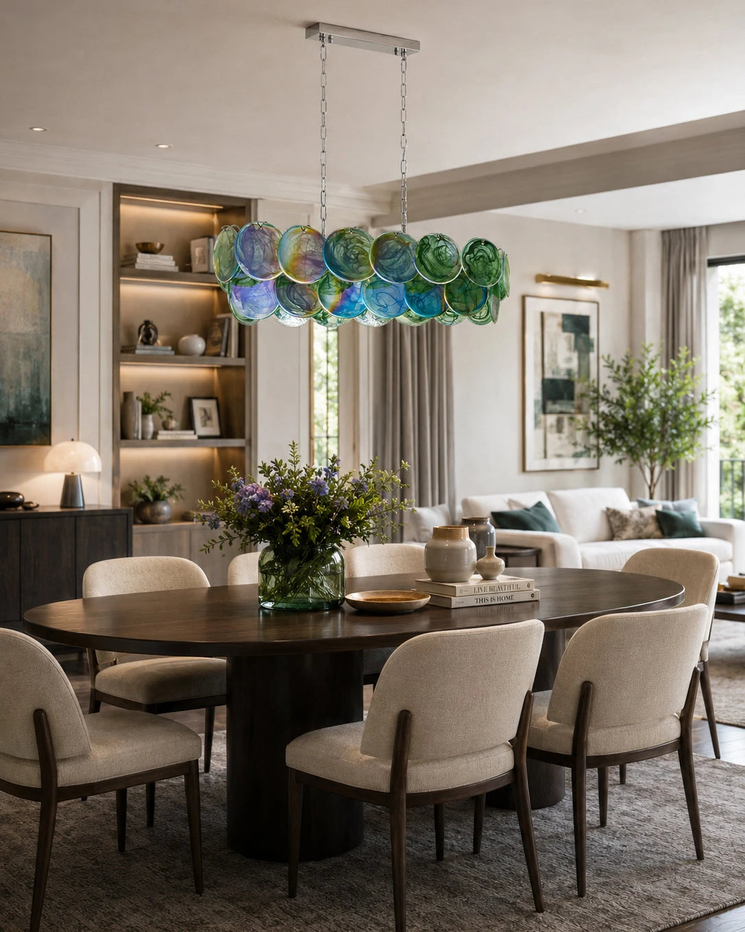 Modern Colorful Disc Linear Chandelier in Open Plan Dining Room