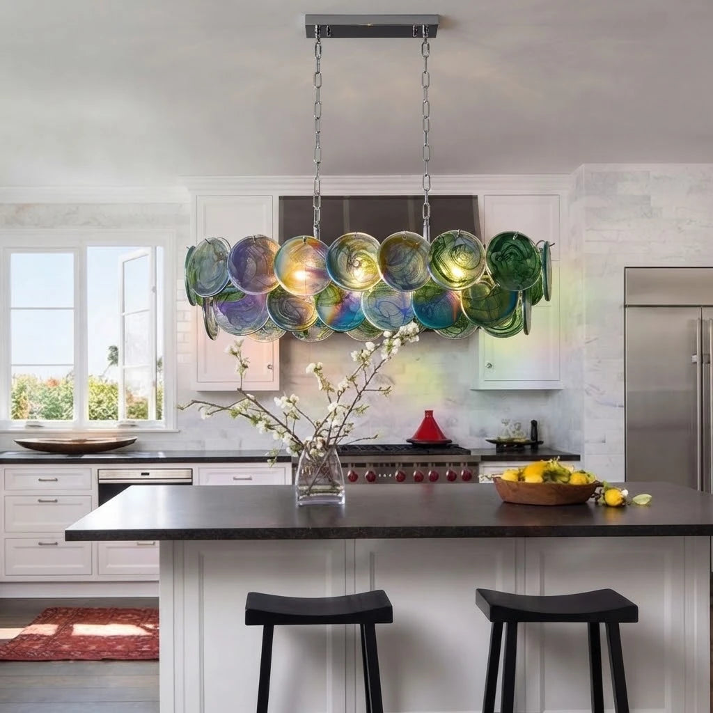 Modern Colorful Disc Linear Pendant Light in Contemporary Kitchen