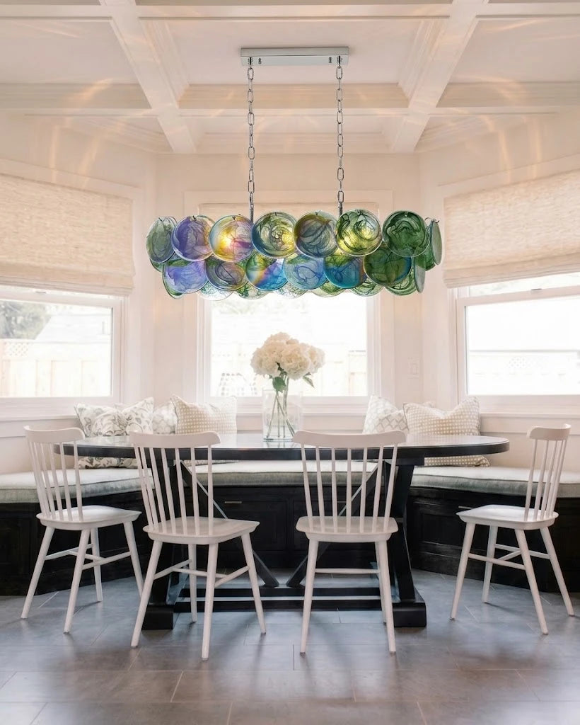 Modern Colorful Disc Art Glass Linear Chandelier in High Ceiling Interior
