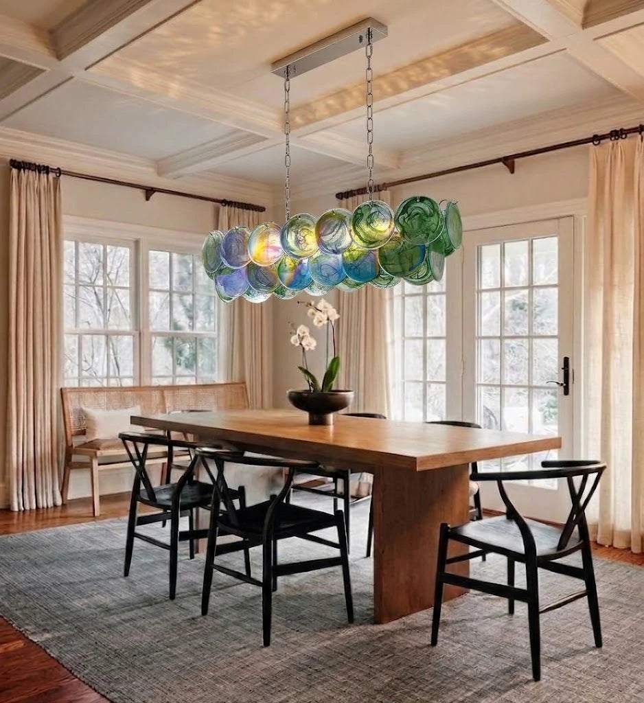 Modern Colorful Disc Art Glass Linear Chandelier in Formal Dining Room