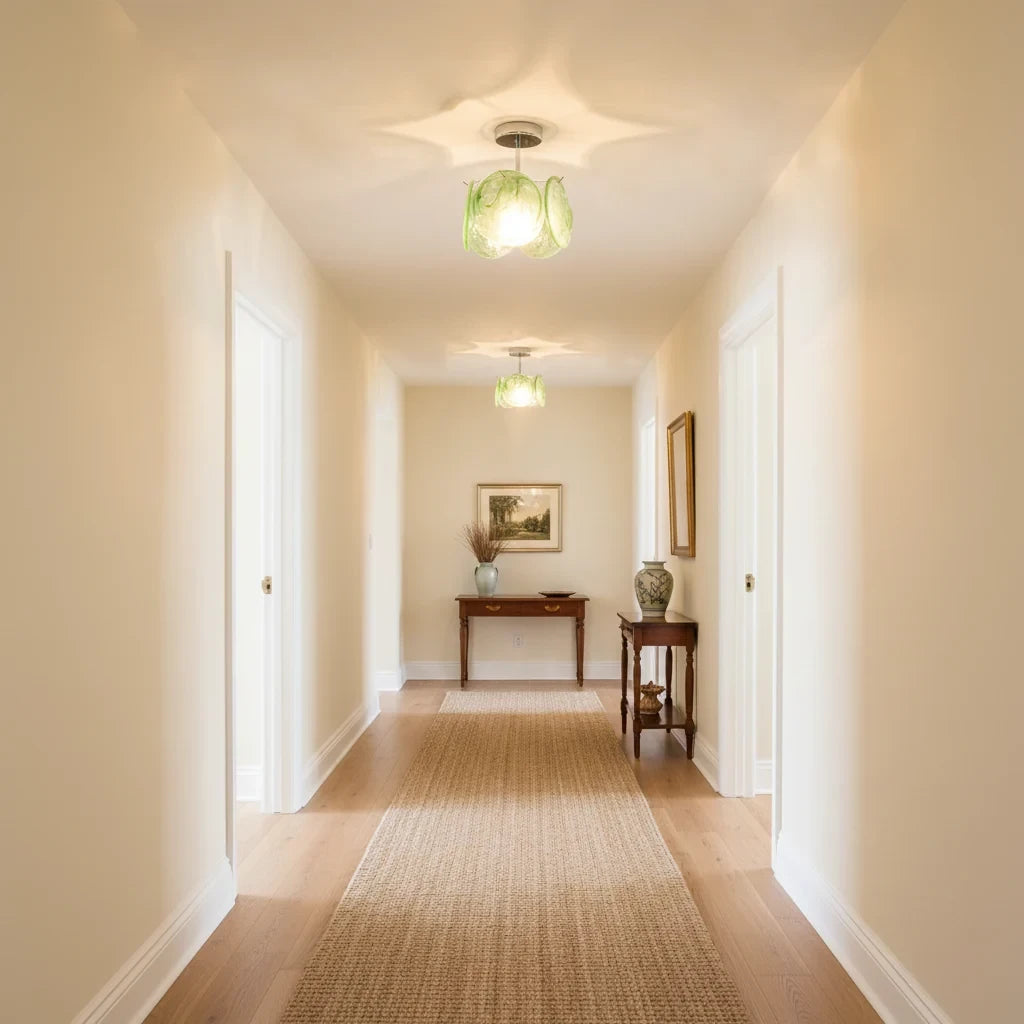 Modern Green Colorful Disc Ceiling Lights in Long Hallway Setting