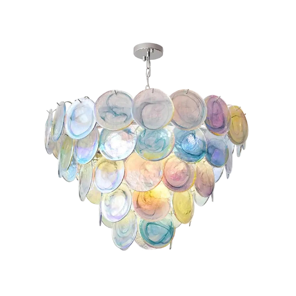 Modern Multi-Color Gradient Disc Art Glass Chandelier with Silver Canopy on Pure White Background