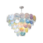 Modern Multi-Color Gradient Disc Art Glass Chandelier with Silver Canopy on Pure White Background