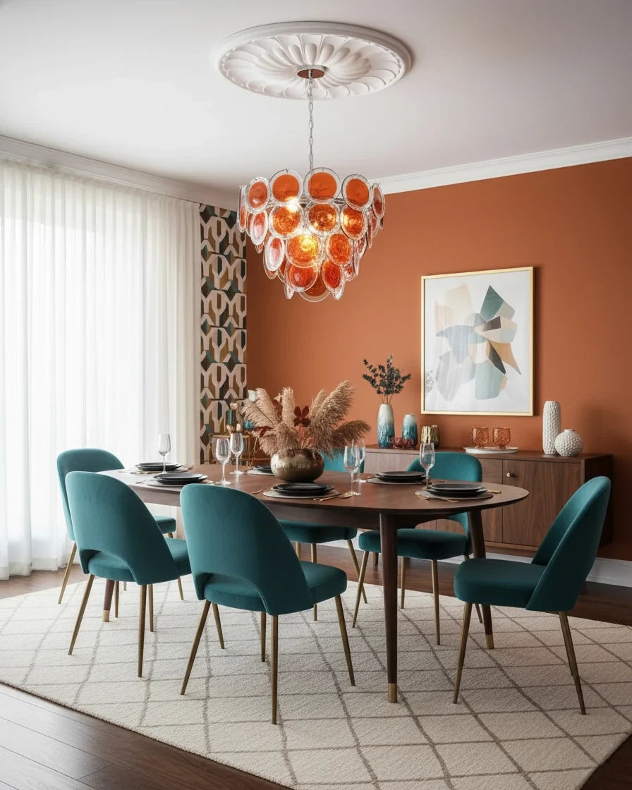 Modern Multi-Color Gradient Disc Chandelier in Cozy Dining Area