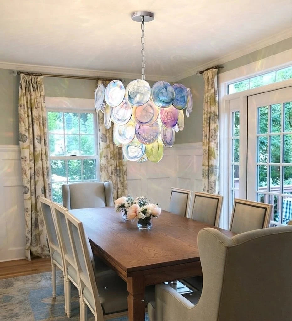 Modern Multi-Color Disc Chandelier in Open Plan Dining Room
