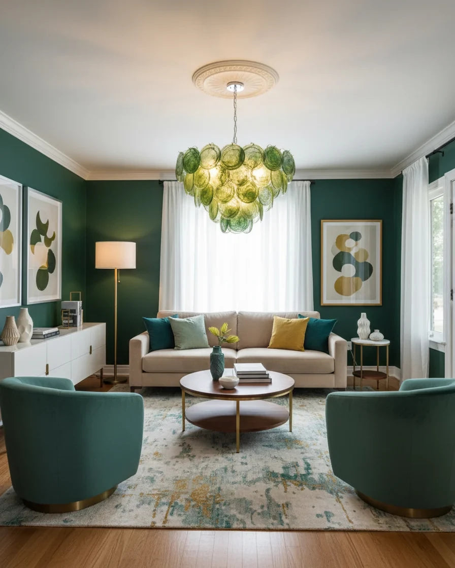 Modern Green Gradient Disc Art Glass Chandelier in Cozy Sitting Room