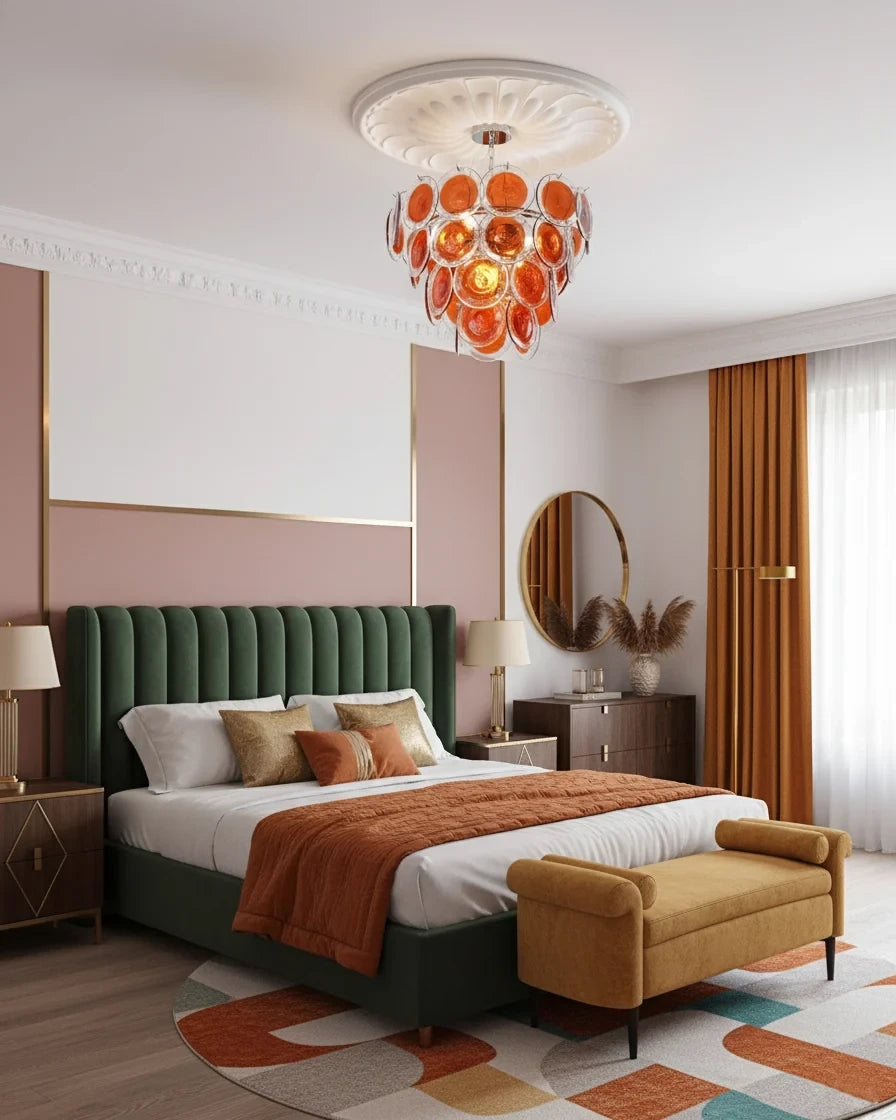 Modern Orange Gradient Disc Chandelier in Master Bedroom Setting